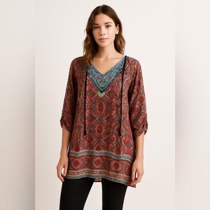 Tolani Sz XL Womens RED 100% Silk Floral Bohemian Lagenlook Tunic Dress NWOT